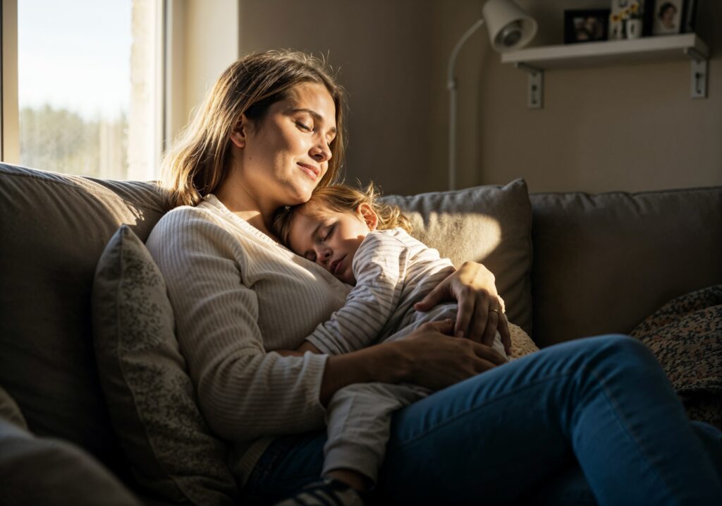 New mom and baby having their me time and bonding with each other. Baby sleeping peacefully in mother’s arms. 
New mother is embracing motherhood with love and grace. 